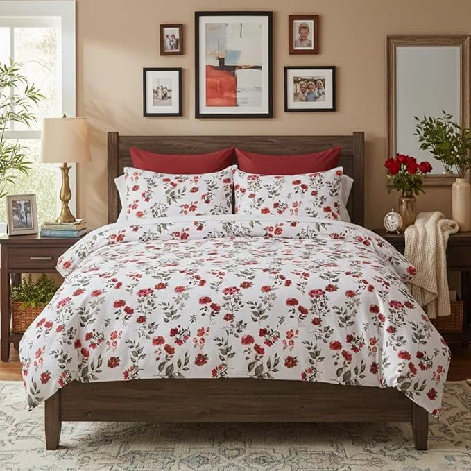 Sustainable Nayoroom Vintage Floral Comforter Set Queen Size Watercolor Red Flower Botanical Leaf Pattern Spring Bedding Set 3 Pieces Soft Lightweight Aesthetic Garden Comforter for All Seasons Unique