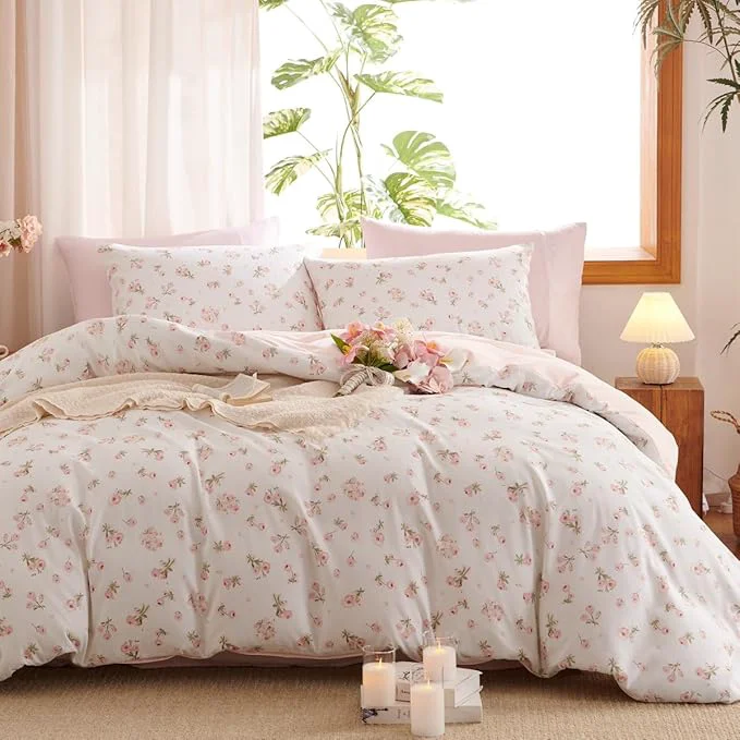 Advanced Floral Comforter Set Full Size – 3 Pieces Pink White Floral Comforter Bedding Sets Reversible Pattern Full Bed in a Bag with Flowers Comforter and 2 Pillowcases Luxury