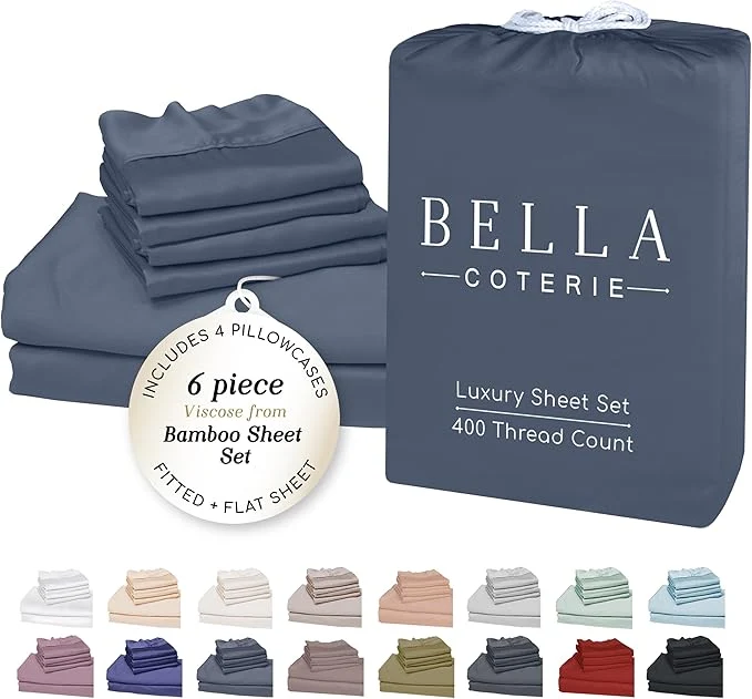 Reliable Bella Coterie 6 Piece Luxury Bamboo Viscose Queen Size Sheet Set Organically Grown Cooling for Hot Sleepers 18 quot Deep Pocket Soft amp Hypoallergenic 4 Pillowcases Slate Blue Breathable