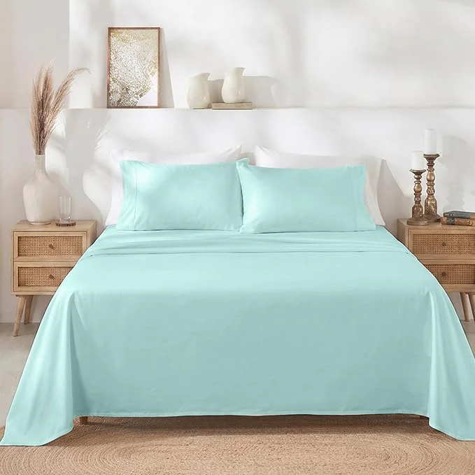 Trendy California Design Den Soft Twin Sheets Set – 400 Thread Count Sateen Cotton Sheets Deep Pockets and Durable Bedding Set for Dorm Rooms amp Adults – Seafoam Efficient