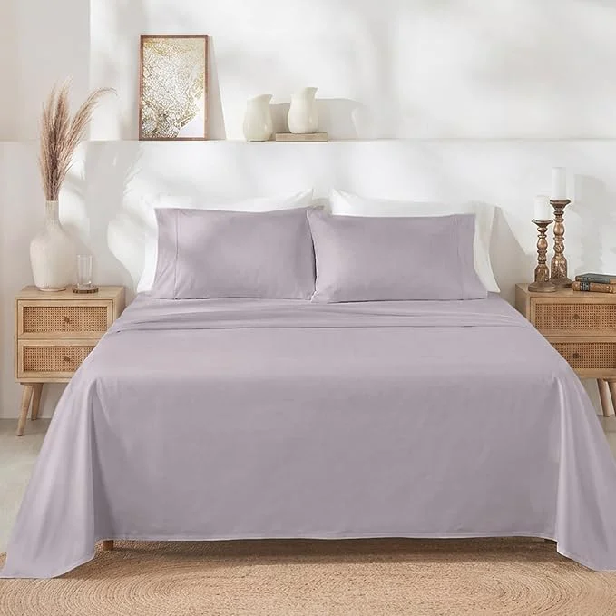 Elegant California Design Den Queen Sheet Set – Soft 400 Thread Count Sateen Natural Cotton Sheets for Queen Size Bed Deep Pockets for a Snug Fit Durable Bedding Set – Dusky Lavender Grey First-Class