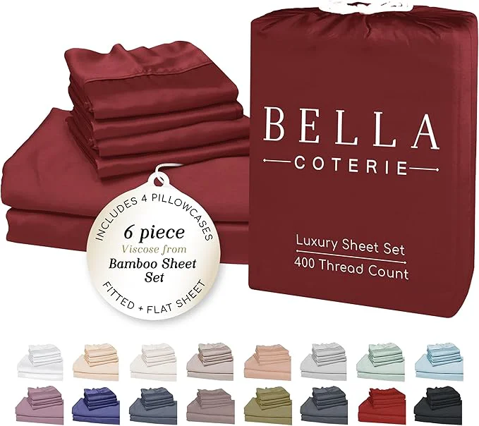 Dependable Bella Coterie 6 Piece Luxury Bamboo Viscose King Size Sheet Set Organically Grown Cooling for Hot Sleepers 18 quot Deep Pocket Soft amp Hypoallergenic 4 Pillowcases Merlot Casual