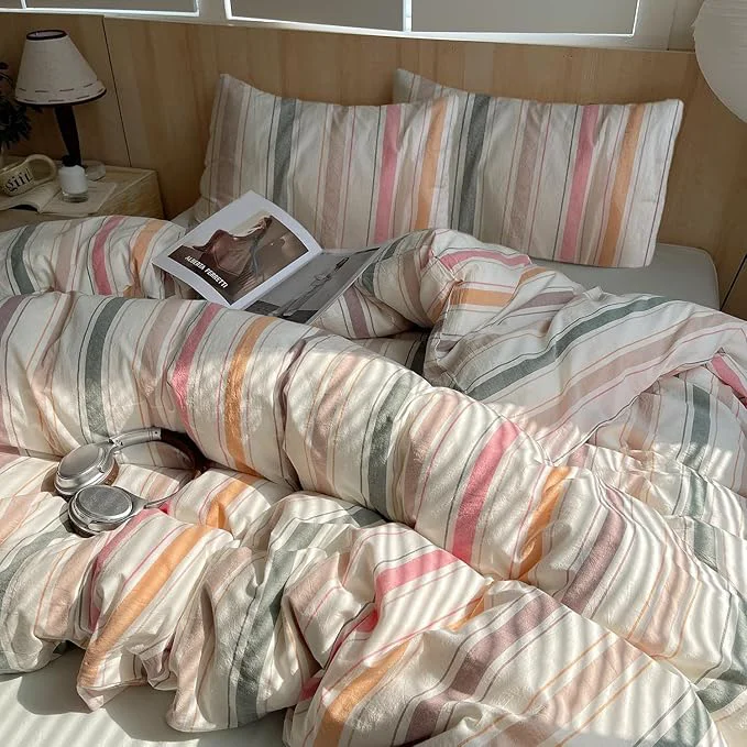 Unique EAVD Vintage Style Striped Comforter Set Full Soft Washed Cotton 3-Piece Colorful Vertical Striped Bedding Comforter Set with 2 Pillowcases Retro Multicolor Geometric Bedding Set for All-Season Genuine