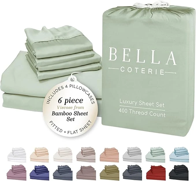 Consistent Bella Coterie 6 Piece Luxury Bamboo Viscose Queen Size Sheet Set Organically Grown Cooling for Hot Sleepers 18 quot Deep Pocket Soft amp Hypoallergenic 4 Pillowcases Sea Glass Trusted