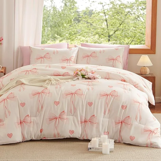 Premium Material Pink Bow Comforter Set King Size – 3 Pieces Pink White Heart Comforter Bedding Sets Reversible Pattern King Bed in a Bag for Girls Comforter and 2 Pillowcases Detailed