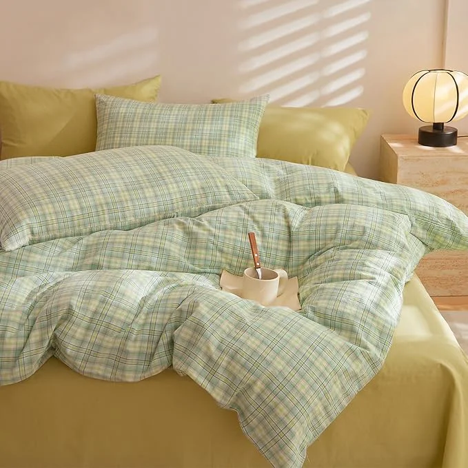 Eco-Friendly EAVD Modern Style Gingham Comforter Set Twin XL Pink Blue Green Grid Plaid Comforter Set Reversible Farmhouse Gingham Bedding Set with 2 Pillowcases Reversible Grid Checkered Bedding Set Artisan