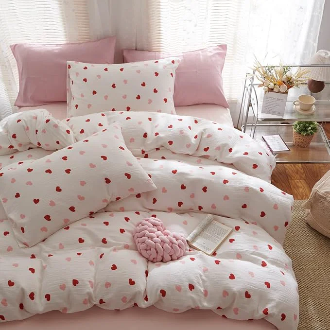 Smart Girls Comforter Set Queen Size – 3 Pieces Red Pink Heart Comforter Bedding Sets for Kids Queen Bed in a Bag with Heart Comforter and 2 Pillowcases Sophisticated