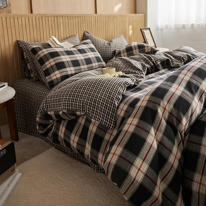 Exclusive EAVD Vintage Black Gingham Comforter Set Full Soft Muslin Cotton Red Green Grid Checkered Plaid Bedding Set with 2 Pillowcases Farmhouse Reversible Black Plaid Comforter Set for All-Season Premium Material