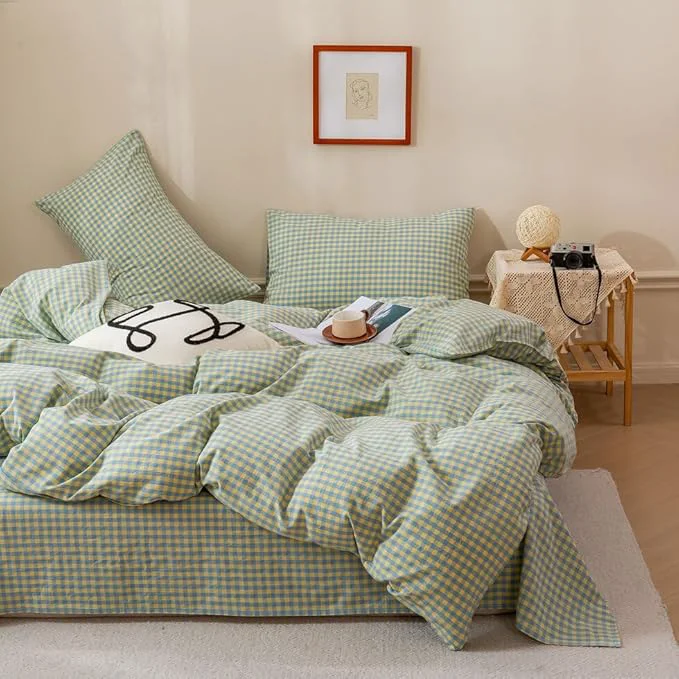 Versatile EAVD Blue Yellow Gingham Comforter Set Twin XL Soft Mini Grid Plaid Checkered Pattern Bedding Set with 2 Pillowcases Modern Farmhouse Gingham Plaid Comforter Set for All-Season Minimalist