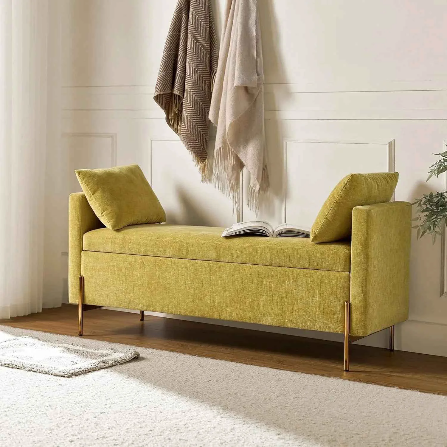Innovative Upholstered Fabric Storage Ottoman Bench with Pillows Breathable