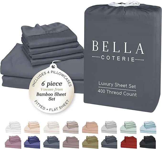 Breathable BELLA COTERIE 6 Piece Luxury Bamboo Viscose California King Size Sheet Set Organically Grown Cooling for Hot Sleepers 18 quot Deep Pocket Soft amp Hypoallergenic 4 Pillowcases Charcoal Grey Exceptional