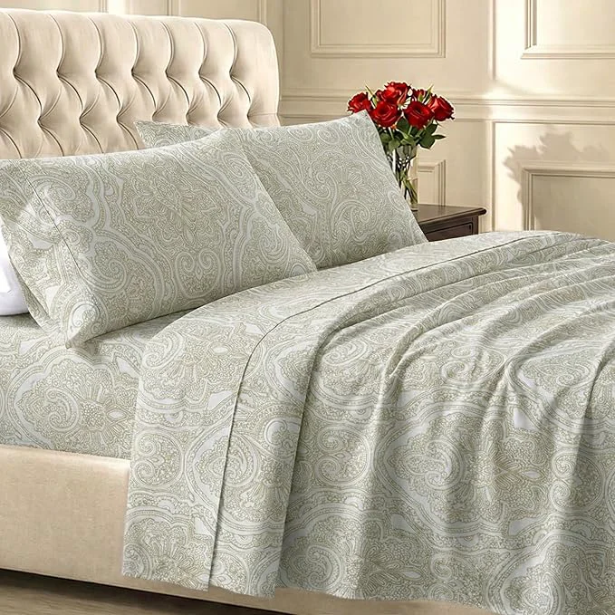 Relaxed California Design Den Printed King Size Sheets Set – 400 Thread Count Soft Sateen Natural Cotton Sheets Deep Pockets and Durable Bedding Set – Paisley Beige Classic