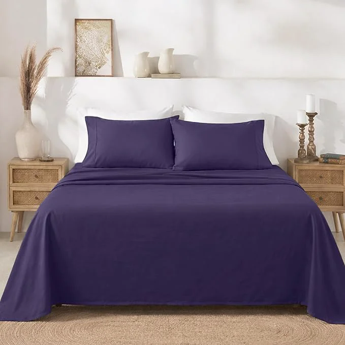 Artisan California Design Den Natural Cotton Sheets Soft Queen Sheet Set 400 Thread Count Sateen Deep Pockets with All-Around Elastic for a Snug Fit Durable Bedding Set – Dark Purple Quality