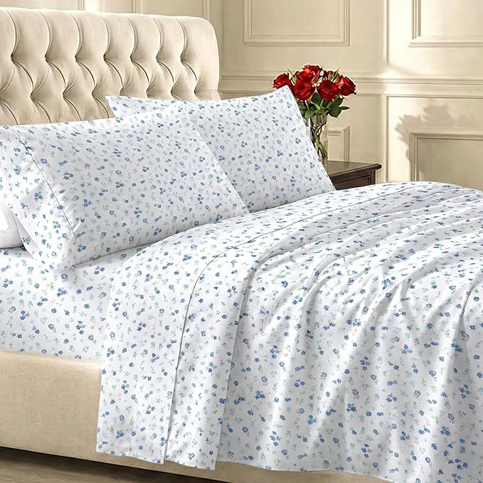 Advanced California Design Den Deep Pocket Twin Sheets Set – 400 Thread Count Sateen Natural Cotton Sheets and Durable Bedding Set – Blooming Meadows Responsible