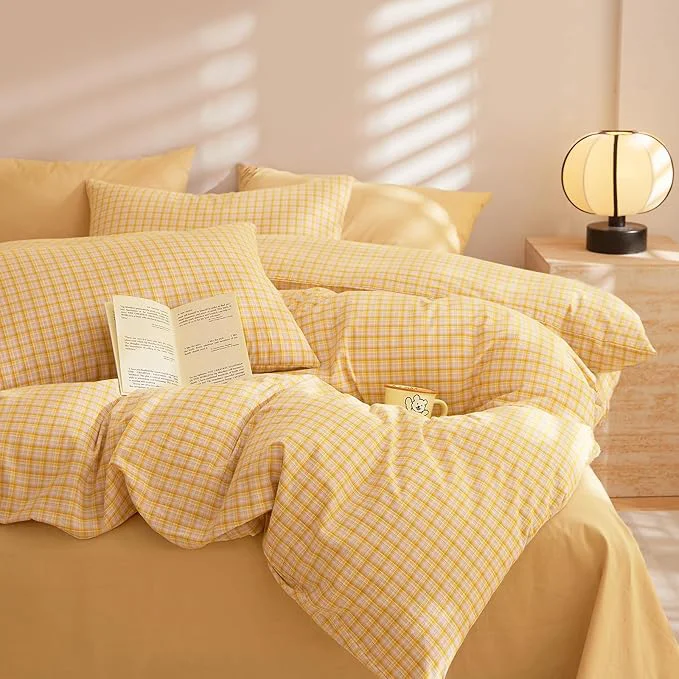 Unique EAVD Vintage Style Gingham Comforter Set Twin XL Soft Washed Cotton Yellow Grid Plaid Bedding Set with 2 Pillowcases Reversible Farmhouse Gingham Bedding Set for All-Season Relaxed