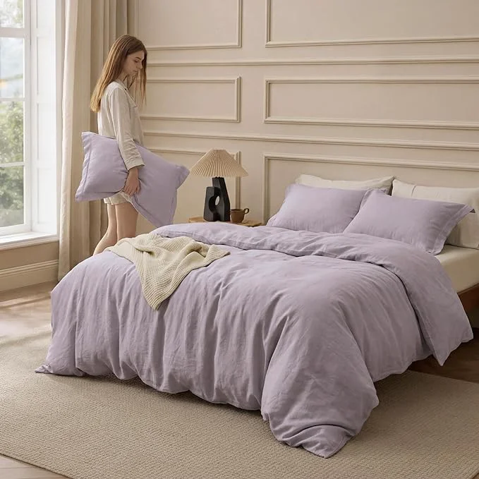 Smart Bedsure Washed Cotton Duvet Cover Queen Size – Lavender Minimalist Bedding Set Linen Like – PureWoven Plain Simple amp Soft Comforter Cover for All Seasons Lavender Queen 90 quot x90 quot Clean