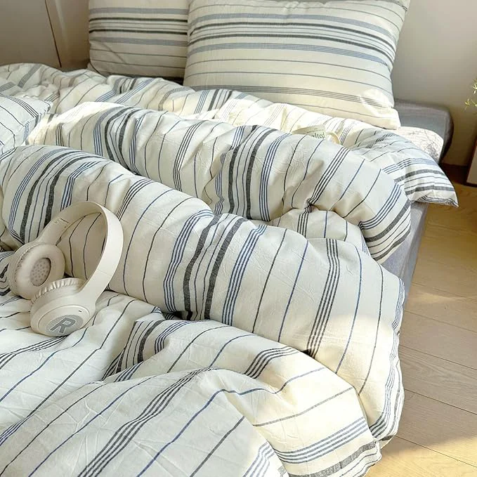 Elegant EAVD Retro Blue amp Grey Striped Comforter Set Twin XL Soft Cotton 3-Piece Vintage Bedding Set with 2 Pillowcases Boho Vertical Stripes Geometric Comforter Set for All-Season Breathable Lightweight Flexible