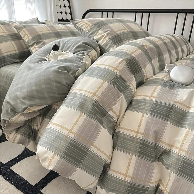 Breathable EAVD Green Gingham Comforter Set King 3 Pieces Grid Plaid Comforter Set Modern Simple Grid Checkered Bedding Set with 2 Pillowcases Reversible Gingham Bedding Set for Boys Women Men Innovative