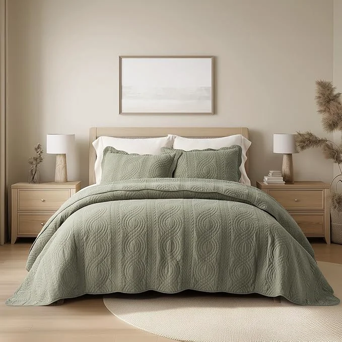 First-Class EVERGRACEHOME Cotton Scallop Quilt Set King Size 3 Piece Set – Lightweight Bedspread with 2 Shams Soft Prewashed Matelasse Coverlet for Cozy and Elegant Bedding Olive Green Reusable