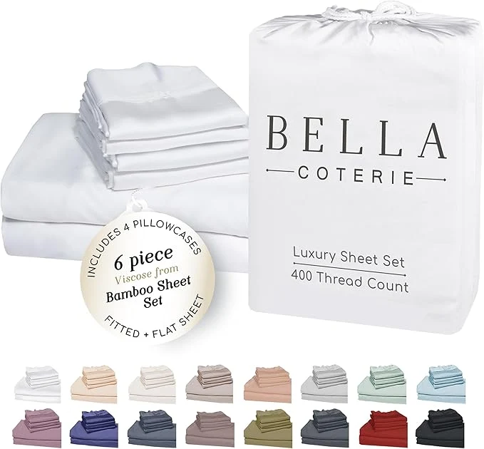 Unique Bella Coterie 6 Piece Luxury Bamboo Viscose Split Top King Size Sheet Set 34 quot Split for Adjustable Beds Organically Grown Cooling 18 Deep Pocket 4 Pillowcases White Smart
