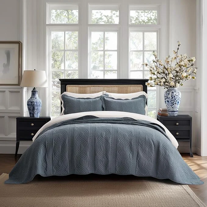 Fine EVERGRACEHOME Cotton Scallop Quilt Set Queen Size 3 Piece Set – Lightweight Bedspread with 2 Shams Soft Prewashed Matelasse Coverlet for Cozy and Elegant Bedding Stormy Blue Exclusive