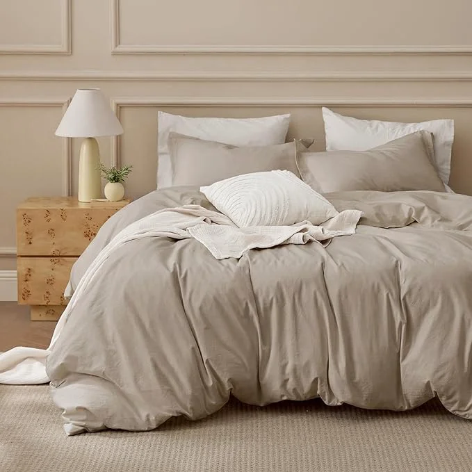 Bedsure Washed Cotton Duvet Cover Super King Size – Frosted Almond Minimalist Bedding Set Linen Like – PureWoven Plain Simple amp Soft Comforter Cover for All Seasons Set Super King 108 quot x98 quot Easy-to-Use