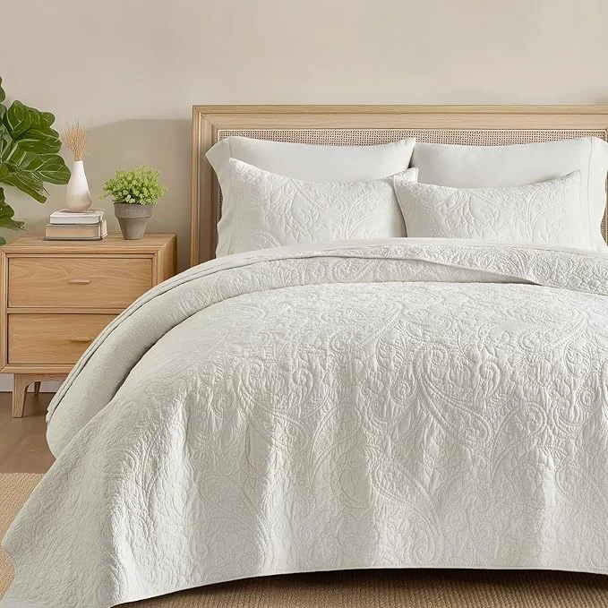 Powerful EVERGRACE Cotton Paisley Quilt Set Queen Size 3 Piece Set – Prewashed Lightweight Bedspread with 2 Shams Soft amp Breathable Matelasse Coverlet for All-Season Comfort Bright White Luxury