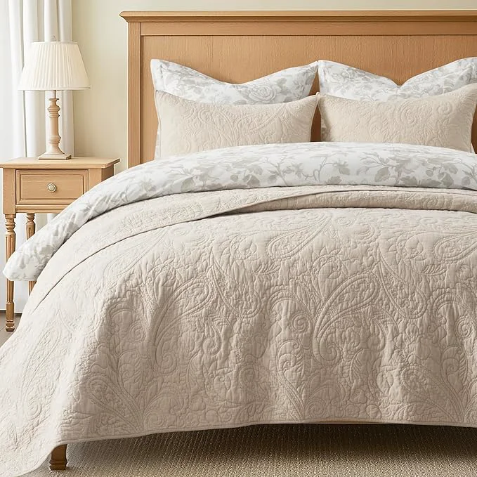 Responsible EVERGRACE Cotton Paisley Quilt Set Queen Size 3 Piece Set – Prewashed Lightweight Bedspread with 2 Shams Soft amp Breathable Matelasse Coverlet for All-Season Comfort Flax Beige Expertly Made