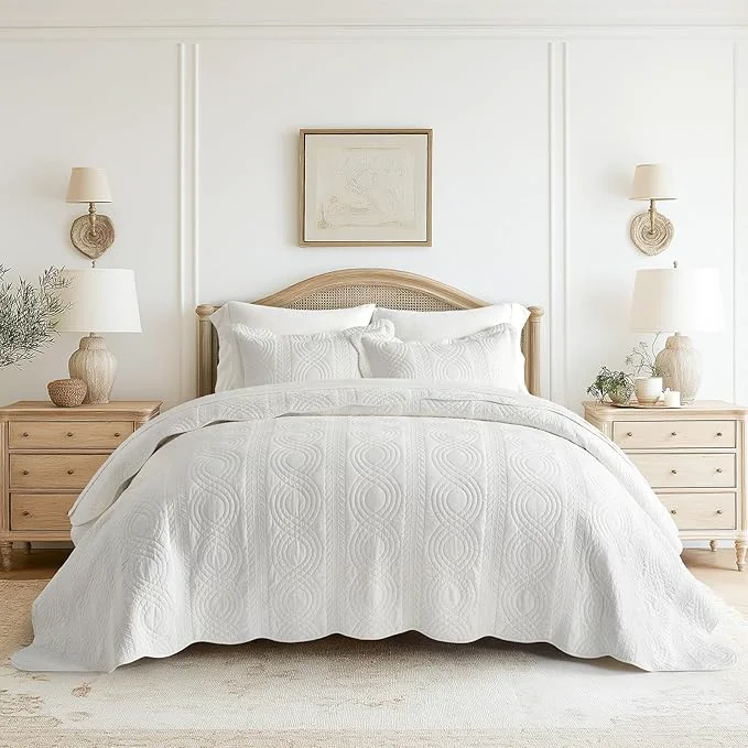 Premium EVERGRACE Cotton Scallop Quilt Set Queen Size 3 Piece Set – Lightweight Bedspread with 2 Shams Soft Prewashed Matelasse Coverlet for Cozy and Elegant Bedding Bright White Powerful