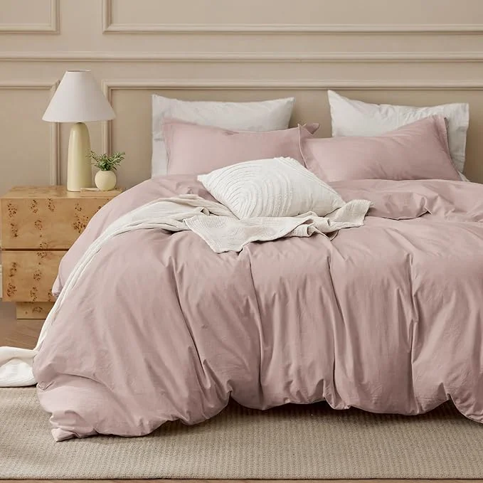 Professional Bedsure Washed Cotton Duvet Cover Full Size – Petal Pink Minimalist Bedding Set Linen Like – PureWoven Plain Simple amp Soft Comforter Cover for All Seasons Petal Pink Full 80 quot x90 quot Durable