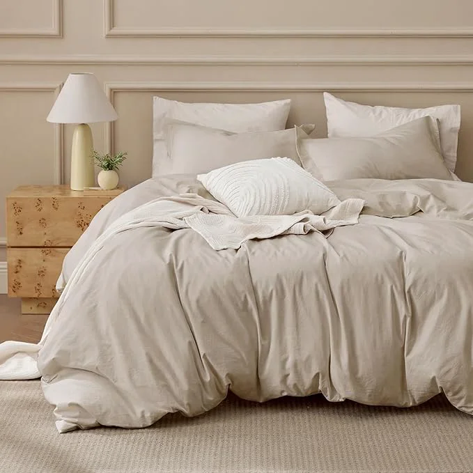 Advanced Bedsure Washed Cotton Duvet Cover Super King Size – Oatmeal Minimalist Bedding Set Linen Like – PureWoven Plain Simple amp Soft Comforter Cover for All Seasons Oatmeal Super King 108 quot x98 quot Fast
