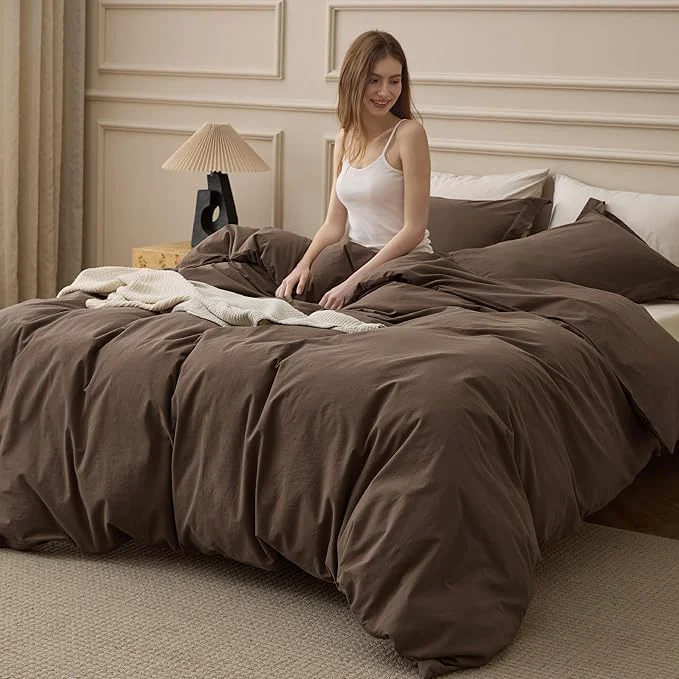Reusable Bedsure Washed Cotton Duvet Cover Oversized King – Brown Minimalist Bedding Set Linen Like – PureWoven Plain Simple amp Soft Comforter Cover for All Seasons Brown Oversized King 120 quot x98 quot Eco-Friendly