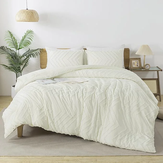 Stylish Andency Ivory Comforter Set King Size Boho Soft Warm Tufted Bedding Comforter Sets for King Size Bed 3 Pieces Aesthetic Chevron Farmhouse Cute Bohemian Textured Bedding Set Modern