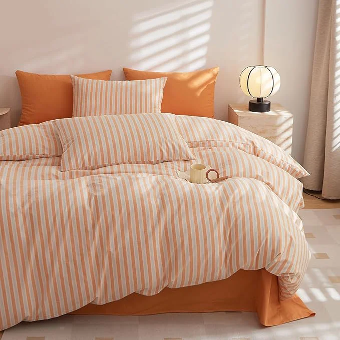 High-Performance HighBuy Gingham Queen Size Comforter Set Orange Grey Striped 90×90 Inch Gingham Comforter Set 3 Pieces Modern Chic Comforter Bedding Set Striped Queen Geometric Fluffy Home Decoration Exceptional