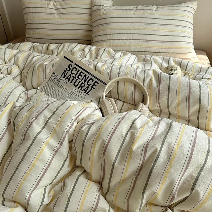 Casual EAVD Vintage Colorful Striped Comforter Set Twin XL Soft Cotton 3-Piece Retro Vertical Striped Bedding Set with 2 Pillowcases Boho Geometric Comforter Set for All-Season Green amp Yellow amp Brown Twin XL Stylish