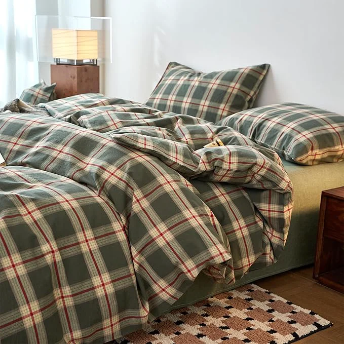Crafted EAVD Vintage Green Buffalo Plaid Comforter Set King Soft Washed Cotton Retro Green amp Red Grid Checkered Bedding Set with 2 Pillowcases Farmhouse Gingham Comforter Set for All-Season Proven