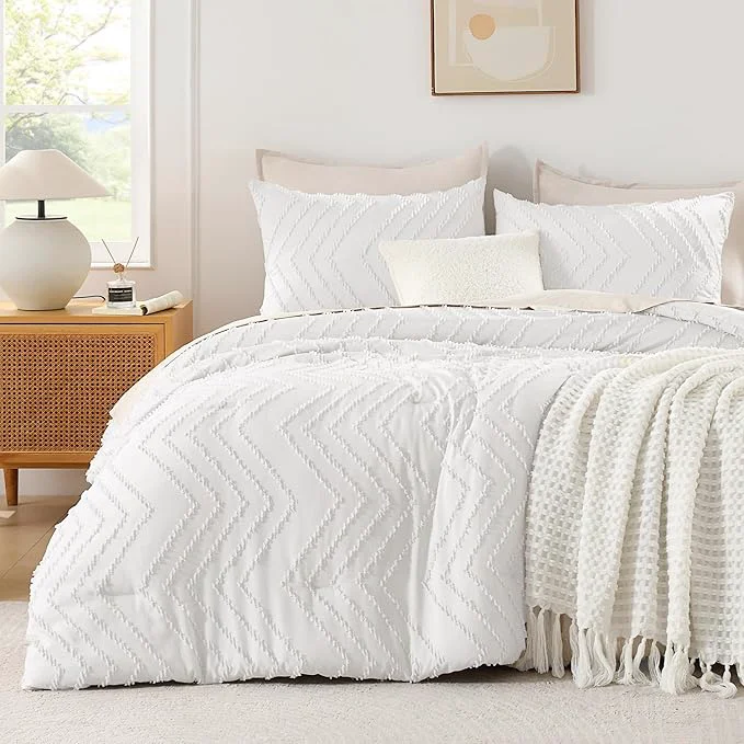 Expertly Made Andency White Comforter Queen Boho Soft Fluffy Warm Lightweight Bedding Comforter Sets for Queen Bed 3 Pieces Chevron Tufted Aesthetic Microfiber Lightweight Comforter Set Professional