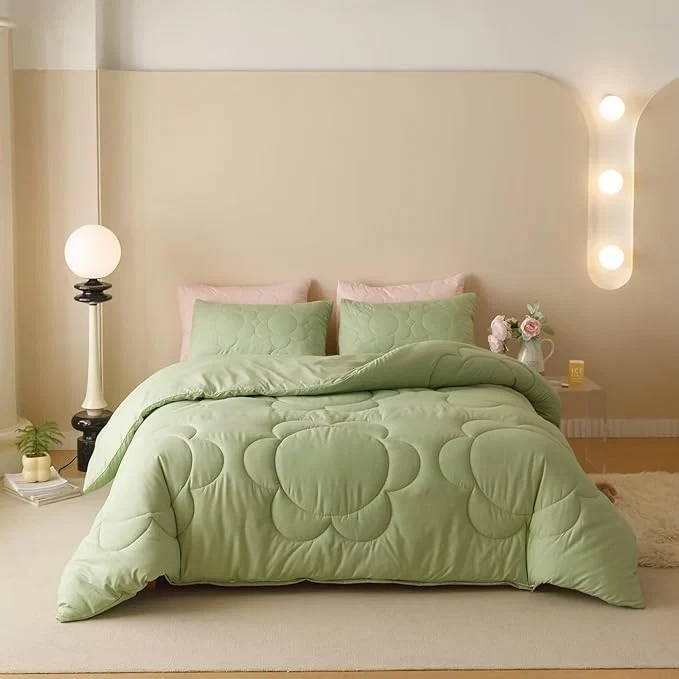 High-Quality Houseri Sage Green Floral Comforter Set King Sunflower Light Green Fluffy Quilted Comforters King Size Ultra Comfy Bedding Sets Soft Breathable Fast