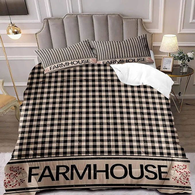 Recyclable LUVIVIHOME 2PCS Brown Black Gingham Comforter Set Twin Bed Set Grid Checkered Quilt Farmhouse Bedding Red Berry Check Primitive Country Rustic Vintage Buffalo Plaid Comforter 1 Pillow Sham Refined