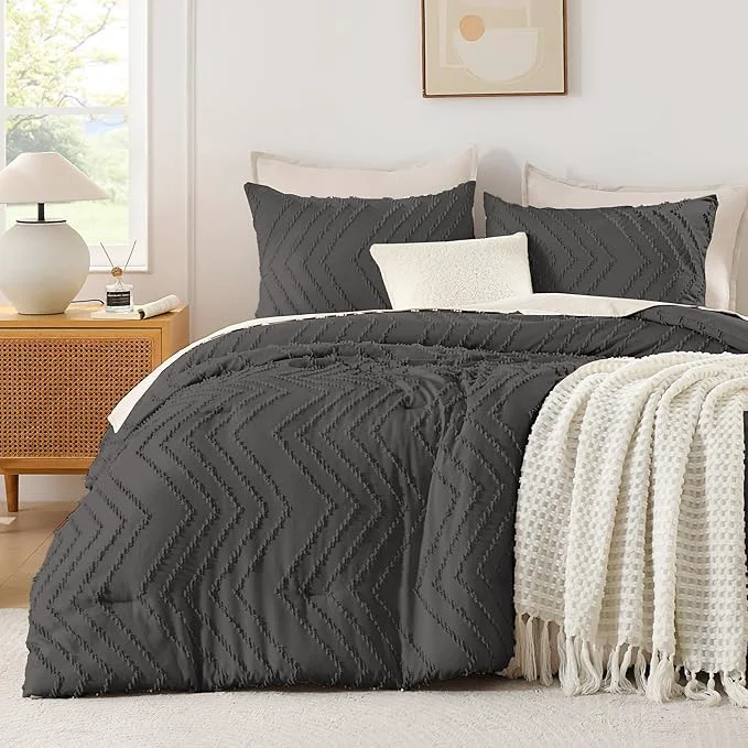 Verified Andency Dark Grey Comforter Set King Size Boho Soft Warm Tufted Bedding Comforter Sets for King Size Bed 3 Pieces Aesthetic Chevron Farmhouse Cute Bohemian Textured Bedding Set Flexible