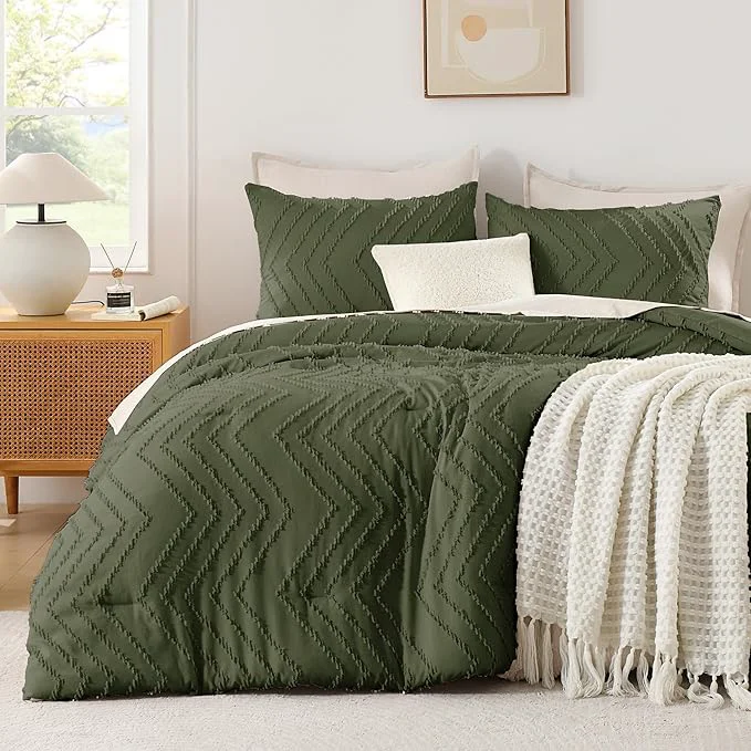 Durable Andency Olive Green Comforter Set Queen Size Boho Soft Fluffy Warm Lightweight Bedding Comforter Sets for Queen Bed 3 Pieces Chevron Tufted Aesthetic Microfiber Lightweight Comforter Set Original Design
