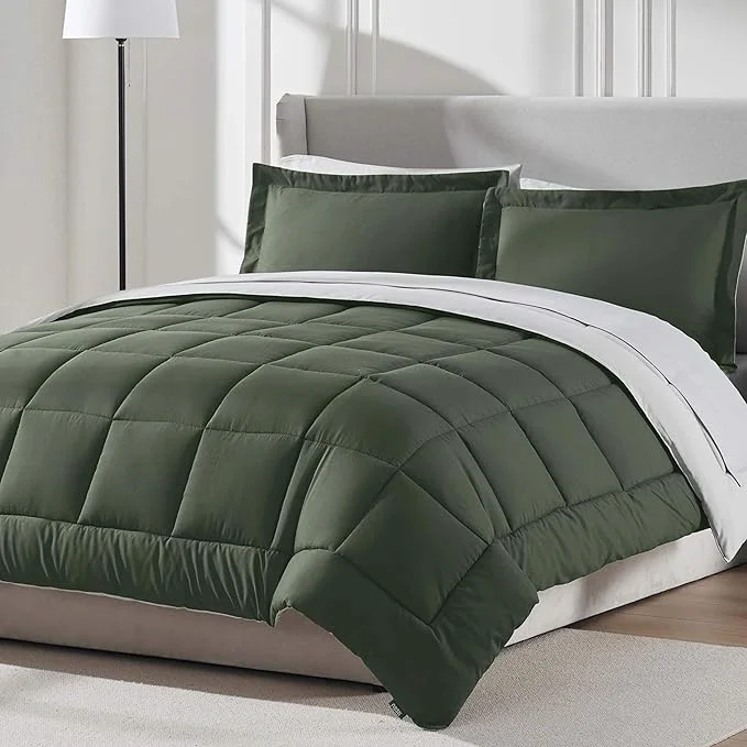 Classic Nestl 7 Piece King Comforter Set – Olive Green Reversible Bed in a Bag – Complete King Size Bedding Set with Sheets Pillowcases and Shams Detailed
