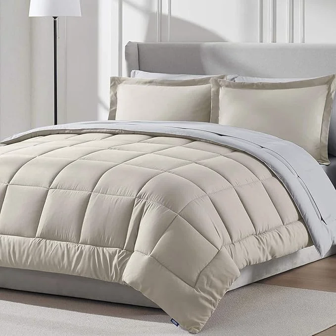Dependable Nestl 7 Piece King Comforter Set – Beige Reversible Bed in a Bag – Complete King Size Bedding Set with Sheets Pillowcases and Shams Casual