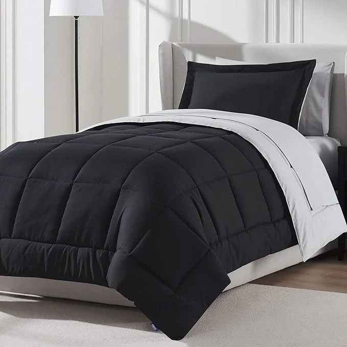 Versatile Nestl 5 Piece Twin XL Comforter Set – Black Reversible Bed in a Bag – Complete Twin XL Size Bedding Set with Sheets Pillowcase and Sham Practical