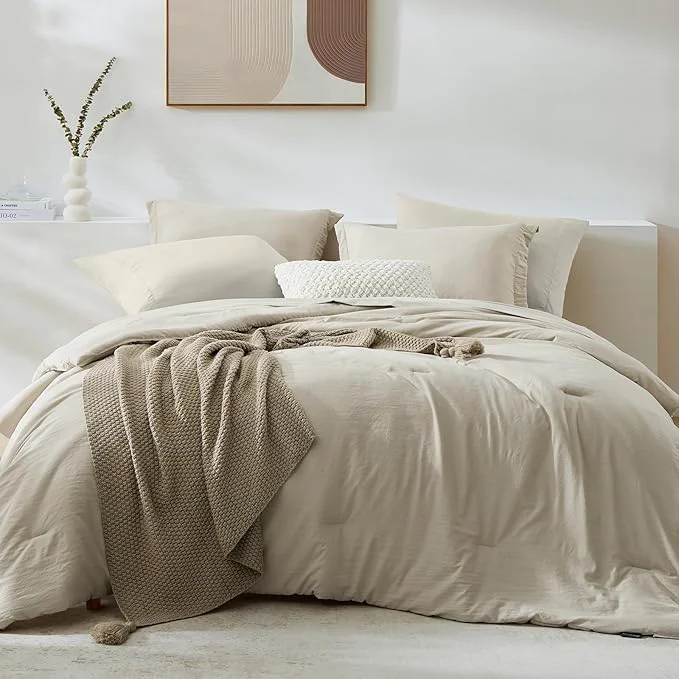 World-Class WRENSONGE Full Size Comforter Sets- 7 Pieces Soft Light Oatmeal Bed in a Bag with Fitted Sheet Flat Sheet 2 Pillow Shams 2 Pillowcases Warm Bedding Sets for All Season Practical