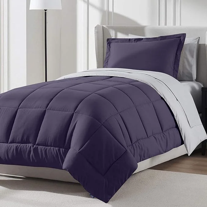 Pure Nestl 5 Piece Twin Comforter Set – Purple Reversible Bed in a Bag – Complete Twin Size Bedding Set with Sheets Pillowcase and Sham Fine