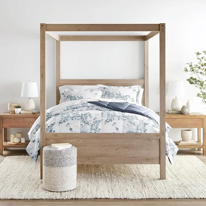 Fine LINENS amp HUTCH Comforter Set Patterned Microfiber All Season Down- Ultra Soft Bedding in Bamboo Leaves Blue – King Cal-King Bamboo Leaves Blue Stone Effective