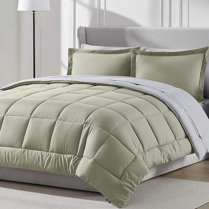 Traditional Nestl 7 Piece Queen Comforter Set – Light Sage Reversible Bed in a Bag – Complete Queen Size Bedding Set with Sheets Pillowcases and Shams Safe