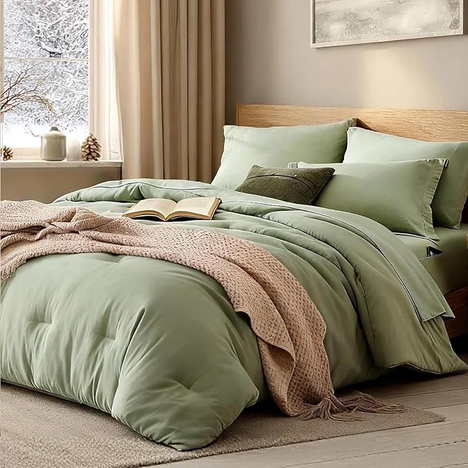 First-Class WRENSONGE California King Size Comforter Set- 7 Pieces Sage Green Bed in a Bag with Comforter Fitted Sheet Flat Sheet 2 Pillow Shams 2 Pillowcases Warm Bedding Sets for All Season Secure