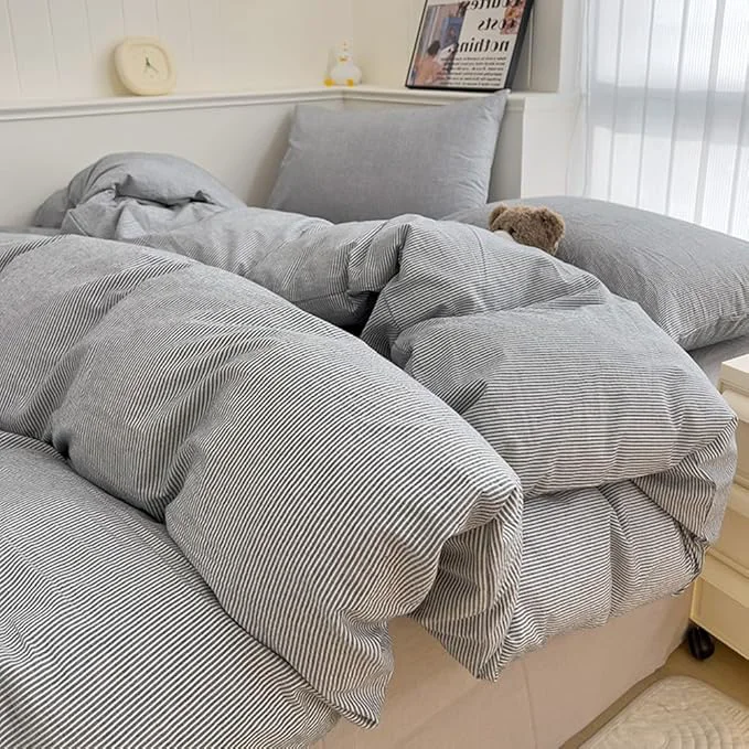 Versatile VM VOUGEMARKET Gray Striped Comforter Set Full 3 Pieces Washed Cotton Pinstripes Comforter with 2 Pillowcases for Teen Boys Men Simple Modern Bedding Set 80 quot x90 quot Lightweight